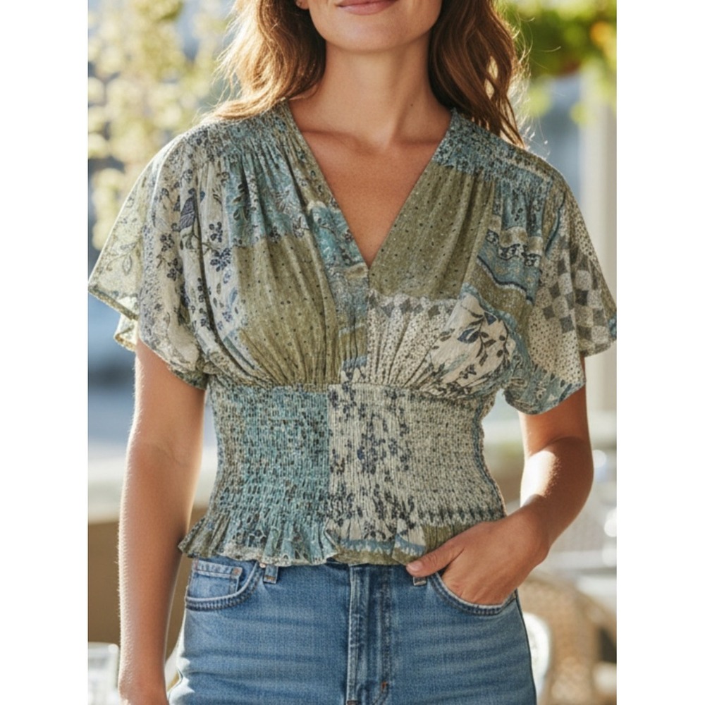 Promesa Boho Patchwork Top in Sage and Blue